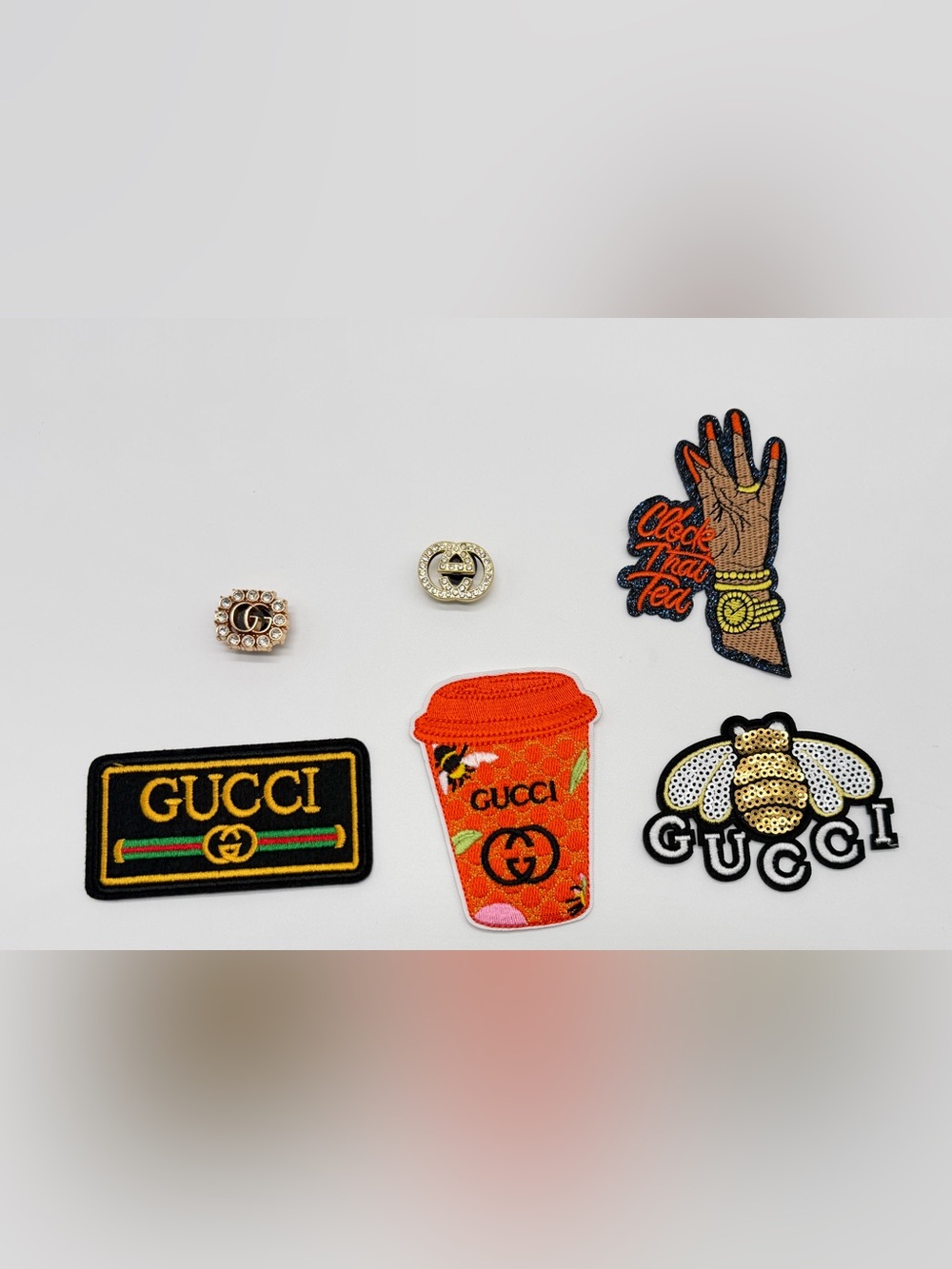New 6pc set Orange & Pink Embroidered Coffee Cup Patch Set, w/ charms